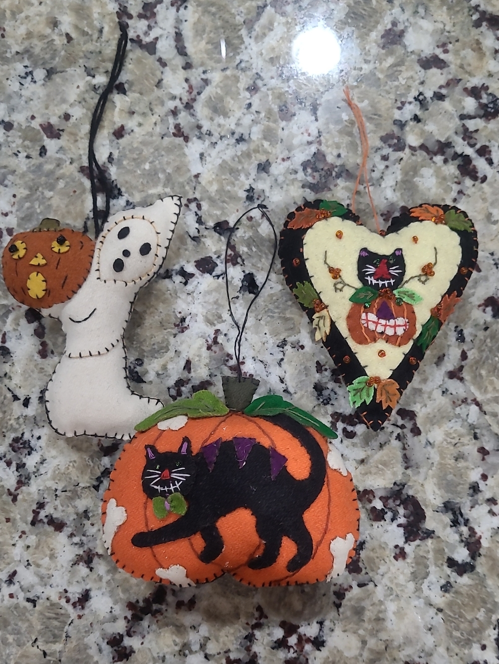 Handmade Orange & Black Halloween Cat Pumpkin Ornament - Cute Felt Decor
